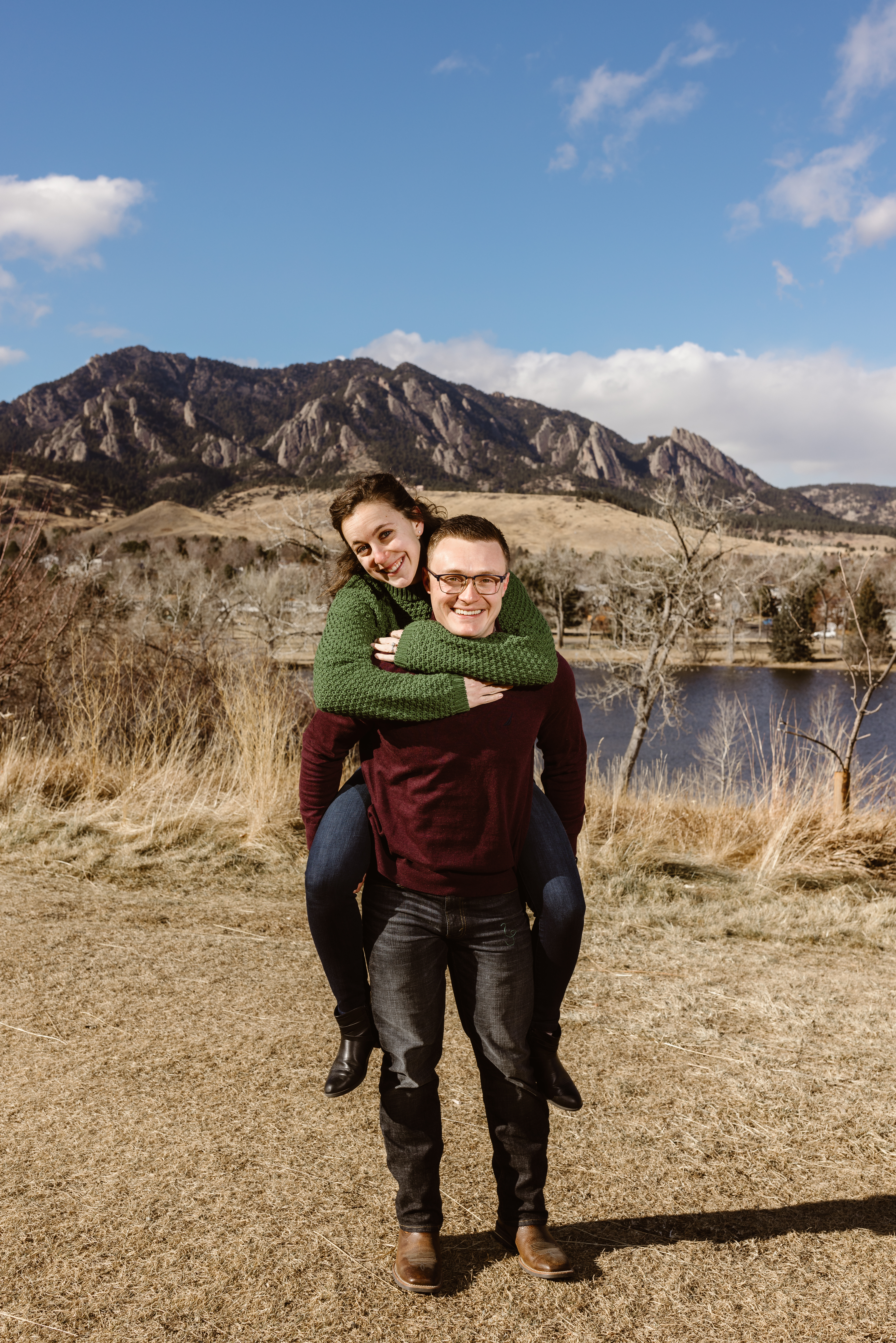 Couple photo with the Flatirons in the background