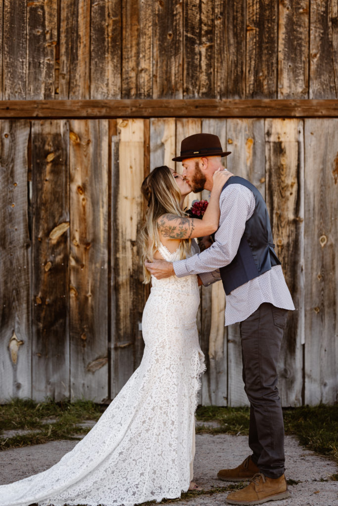 Bride and groom's first kiss