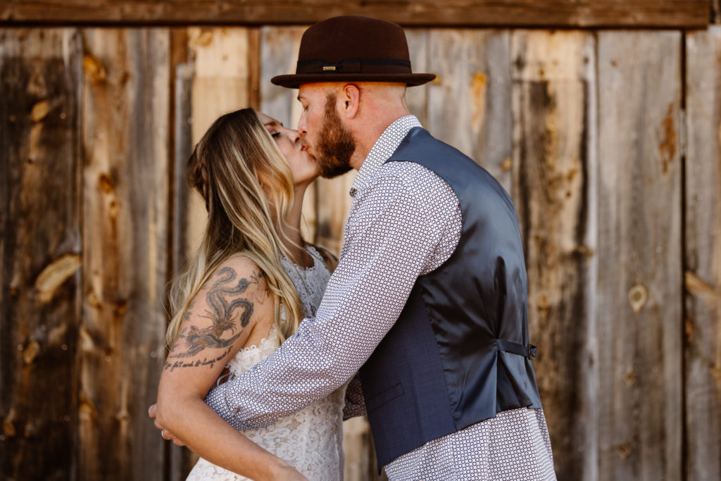 Bride and groom kissing