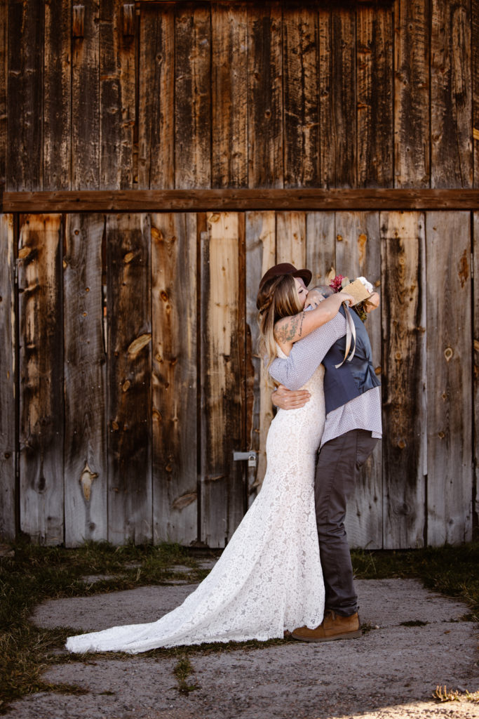 Couple hugging after ceremony