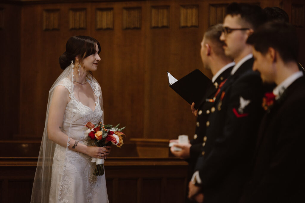 Bride during her wedding ceremony in a church
