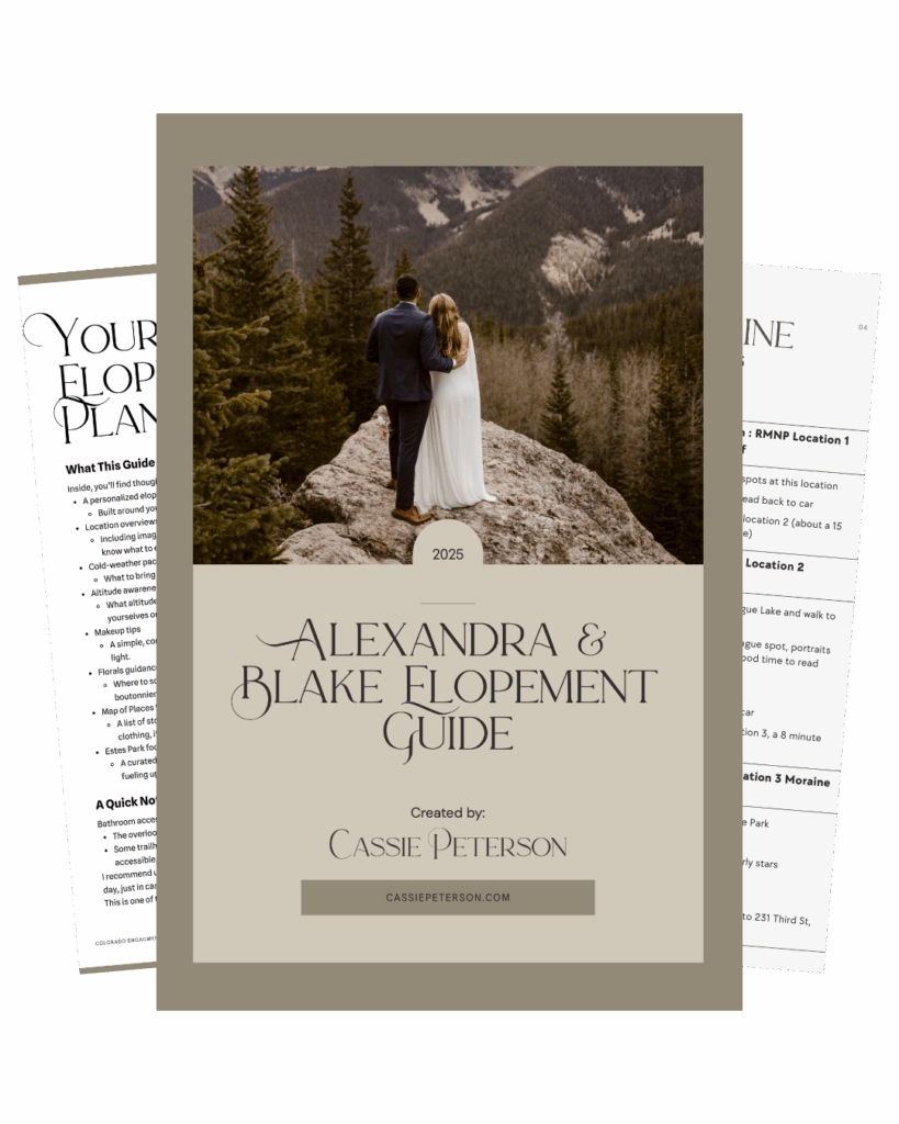 Cover of a custom elopement guide featuring a couple standing together on a rocky mountain overlook in Winter Park, Colorado.